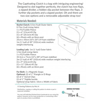 The Captivating Clutch sewing pattern by Mrs H: back cover