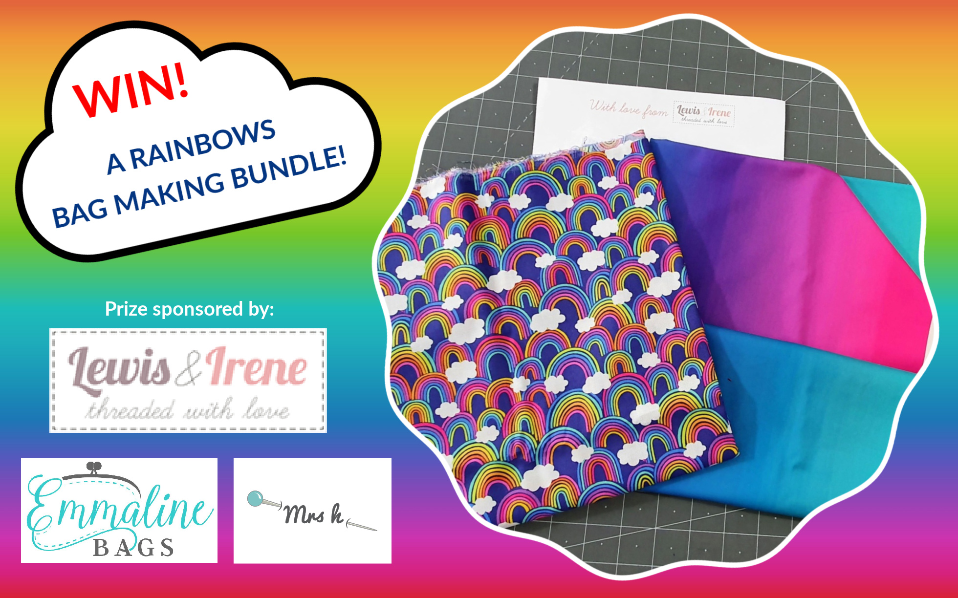 Win Rainbows fabric from Lewis & Irene, patterns from Mrs H, and hardware from Emmaline Bags