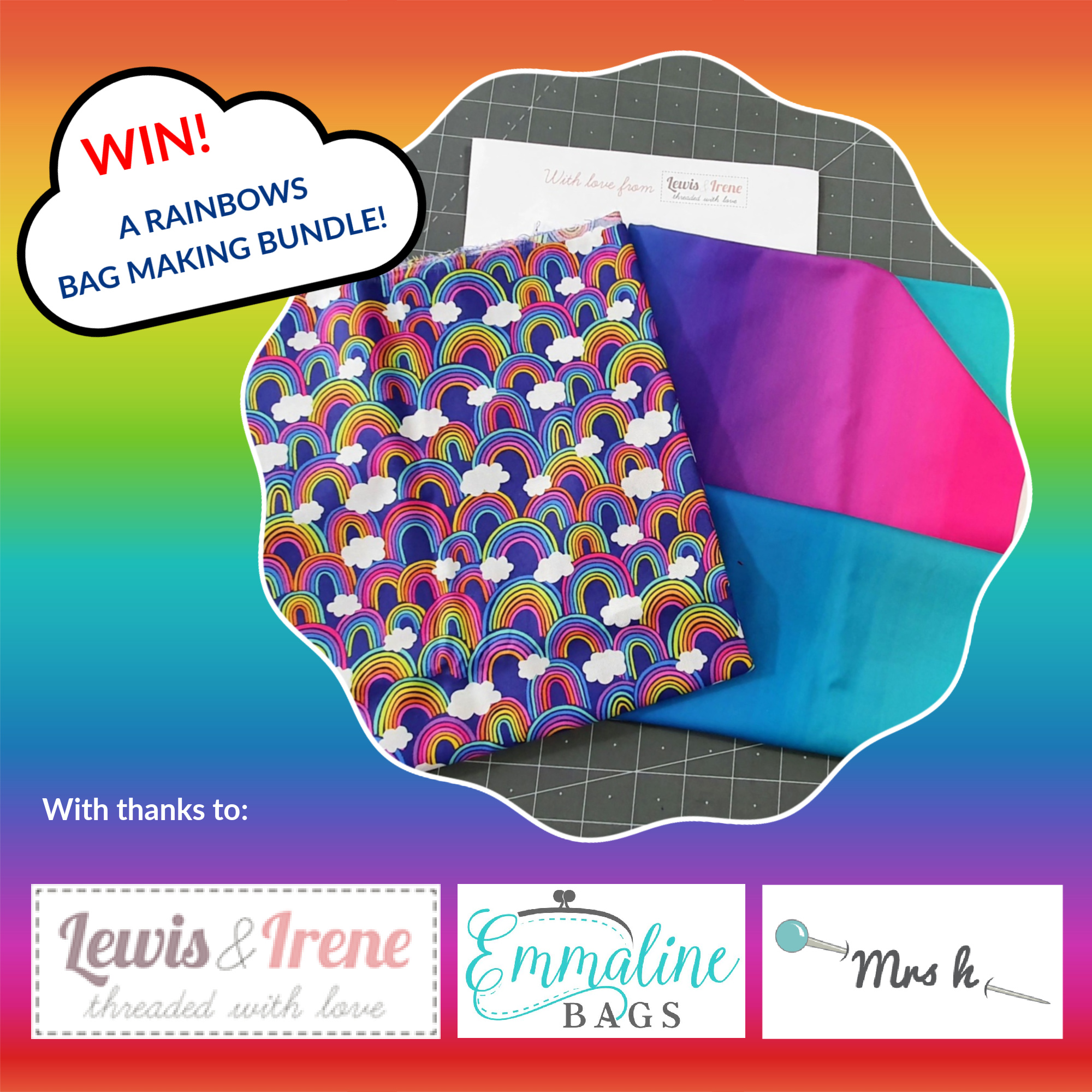 Win Rainbows fabric from Lewis & Irene, patterns from Mrs H, and hardware from Emmaline Bags